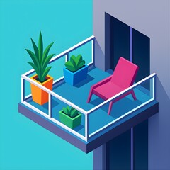 Isometric Balcony Scene with Plants and Lounge Chair A Colorful Illustration for Design