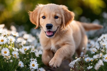 Obraz premium Golden retriever puppy joyfully runs through a field of daisies in soft sunlight