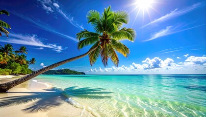 Palm Tree Leaning Over Crystal Clear Turquoise Water On A Sunny White Sand Beach With Lush Green Island In The Distance Under A Bright Blue Sky With Wispy Clouds