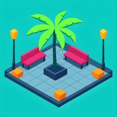 Isometric park scene with palm tree, benches, and lampposts on a bright turquoise background