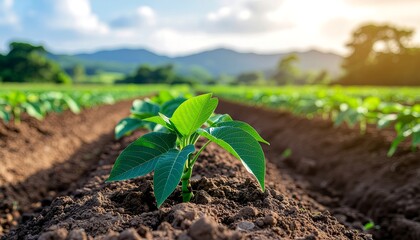 Close-up of cassava or taro plants growing in soil with green leaves and stems. Tropical agriculture and root crop farming concept.