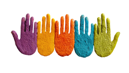 Row of 5 textured, painted colorful hand prints