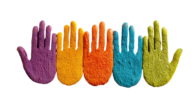 Row of 5 textured, painted colorful hand prints - Powered by Adobe