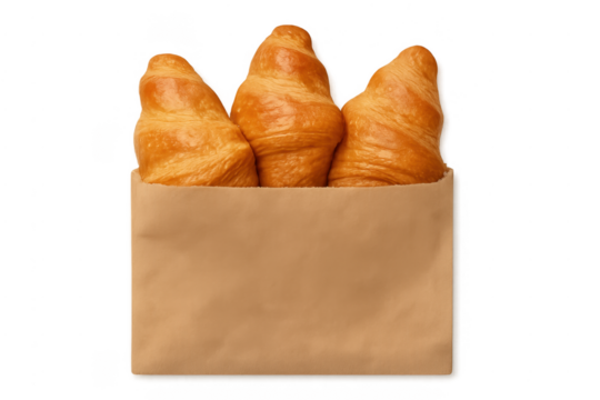 Three fresh baked croissants purchasing in a recyclable paper bag