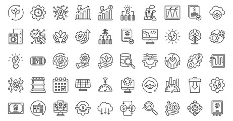Energy management icon set outline containing renewable, efficiency, smart grid, demand, forecasting, storage solution, emission, peak load, audit, net-zero, appliance, monitoring, sustainability