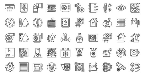HVAC icon set outline containing air conditioning, heating system, ventilation duct, cooling coil, heat pump, refrigerant line, filter, thermostat control, ductwork design, energy recovery, humidity