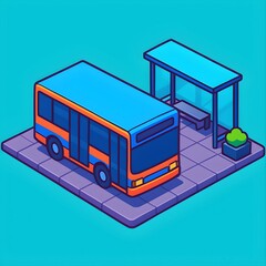 Vibrant isometric cartoon illustration depicting a modern public transport bus waiting at a bus stop, an ideal graphic for urban travel, city infrastructure, and daily commute concepts