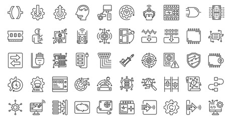 PLC icon set outline containing ladder logic, input module, output module, relay logic, control systems, automation control, industrial automation, programmable relay, logic gate, scan cycle, memory