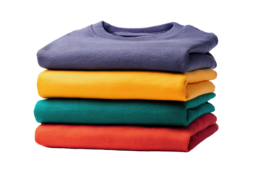 Stacked, folded colorful t-shirts on a transparent background