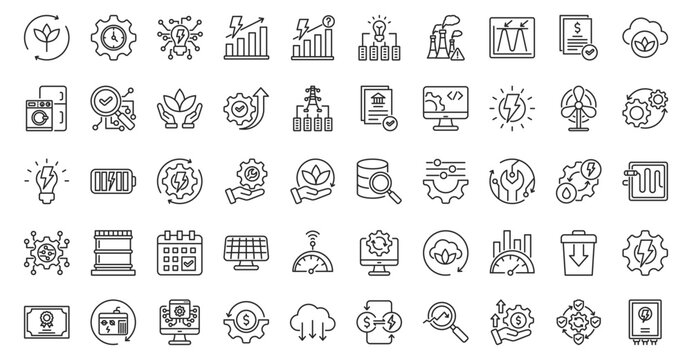 Energy management icon set outline containing renewable, efficiency, smart grid, demand, forecasting, storage solution, emission, peak load, audit, net-zero, appliance, monitoring, sustainability