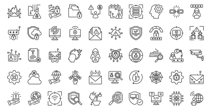 Cyber risk icon set outline containing phishing attack, malware infection, ransomware, data breach, insider threat, zero day vulnerability, denial of service, social engineering, supply chain attack