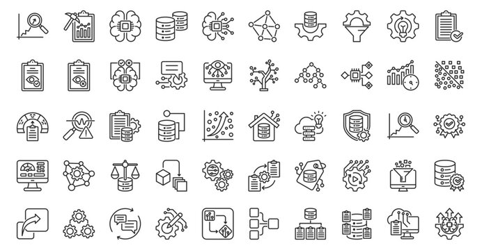 AI data driven icon set outline containing predictive analytics, data mining, machine learning, big data, deep learning, neural network, data preprocessing, feature engineering, model training