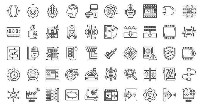 PLC icon set outline containing ladder logic, input module, output module, relay logic, control systems, automation control, industrial automation, programmable relay, logic gate, scan cycle, memory