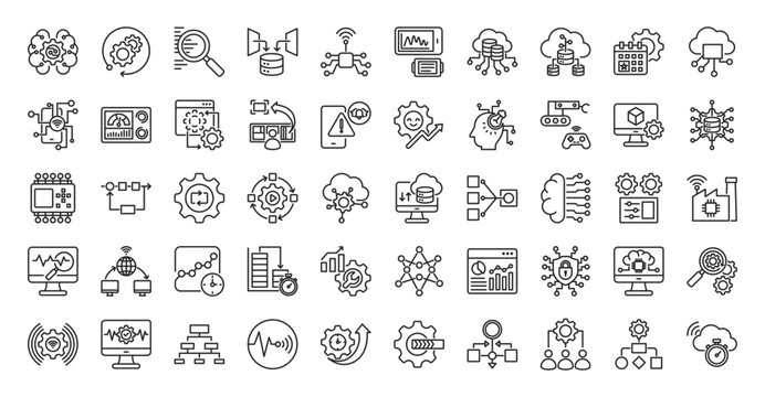 Real time automation icon set outline containing machine learning, process control, data acquisition, smart sensor, data logging, cloud computing, big data, event-driven, edge computing