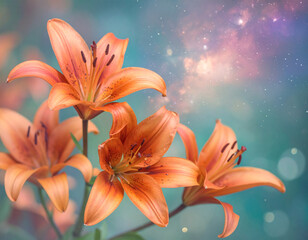 Floral composition featuring vibrant orange lily flowers on a dreamy teal background with soft bokeh lights and cosmic vibes. Horizontal design with text space for nature posters or greeting cards
