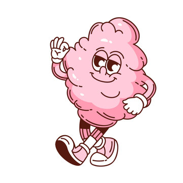 Cute pink cotton candy character walking with a happy face, wearing shoes and gloves, drawn in groovy cartoon outline style, fun fair and carnival dessert theme, vector illustration.