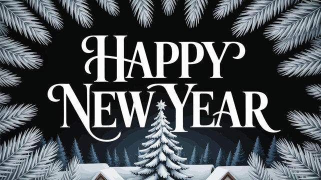 Elegant happy new year text with snowy pine trees and festive winter forest landscape background