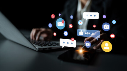 Multiple social media icons, likes, messages, and notifications representing online interaction, engagement, and digital communication Parse