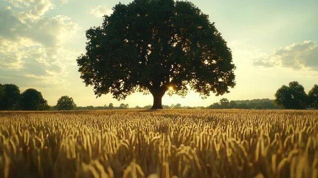 Large tree in a golden wheat field with sunlight