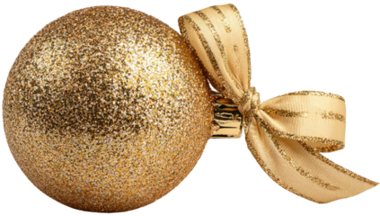 Glittery gold ornament tied with shimmering ribbon