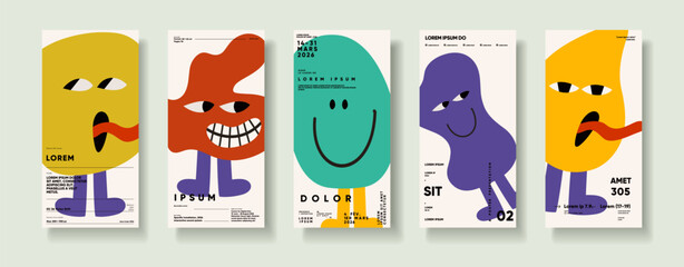 A collection of five abstract posters featuring colorful, whimsical characters with bold shapes and playful expressions. Each design showcases a unique combination of colors and typography