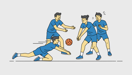 A team of volleyball players participates in a drill designed to improve communication and teamwork on the court during practice.