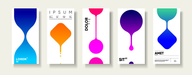 A set of five modern abstract posters featuring vibrant gradient shapes and minimalist typography. Each design showcases unique color combinations and geometric forms