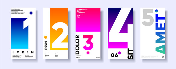 A set of five modern, colorful posters featuring large numbers and text in a minimalist design. Each poster showcases a unique gradient background with bold typography, creating a striking visual