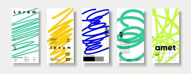 A set of five modern poster designs featuring abstract scribbles in vibrant colors. Each poster showcases a unique color scheme with bold typography, creating a dynamic and artistic visual appeal.