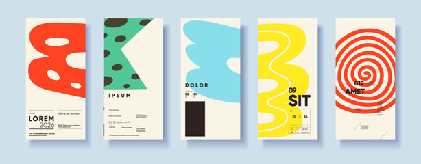A set of five abstract posters featuring bold, colorful designs with geometric shapes and modern typography. Each poster showcases a unique pattern and color scheme