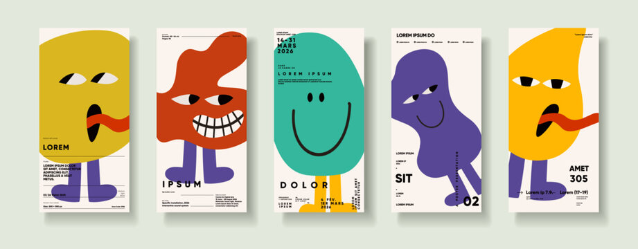 A collection of five abstract posters featuring colorful, whimsical characters with bold shapes and playful expressions. Each design showcases a unique combination of colors and typography