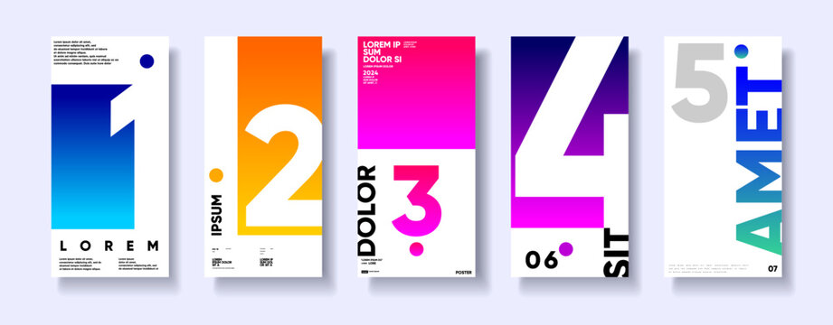 A set of five modern, colorful posters featuring large numbers and text in a minimalist design. Each poster showcases a unique gradient background with bold typography, creating a striking visual