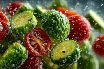 colorful vegetables floating midair dynamic composition. Generative AI