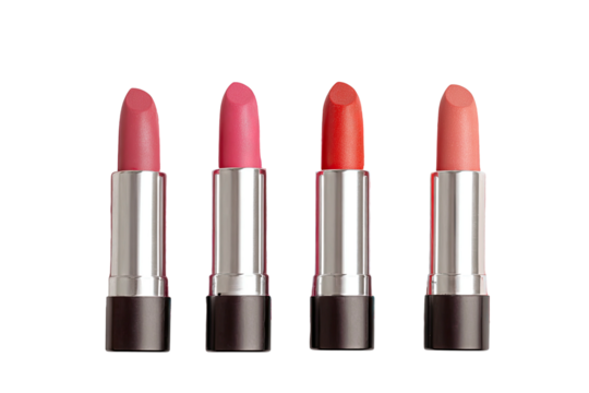 Four lipsticks, pink and red shades, silver tubes