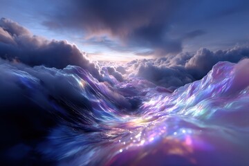 Fototapeta premium Colorful clouds reflect sunlight in a vibrant, dreamlike landscape at dusk