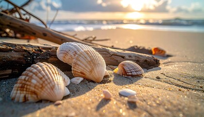 Serene Beach Sunrise With Shells and Driftwood Scattered On Wet Sand With Golden Sunlight Rays Piercing Through Clouds Over The Ocean