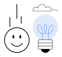 Minimal smiling face, sprouting lightbulb, cloud lines. Ideal for creativity, sustainability, eco-innovation, education, positivity minimalism growth. Simple flat metaphor