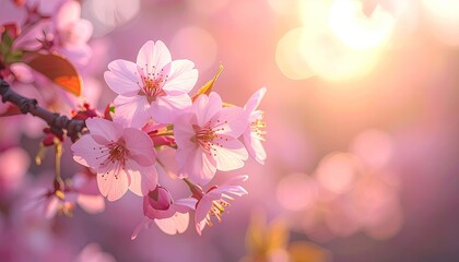 Close Up Of Pink Cherry Blossoms Illuminated By Warm Golden Sunlight Creating A Dreamy Bokeh Effect In Springtime