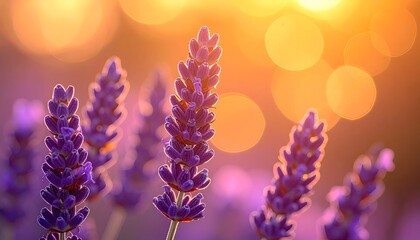 Close up of purple lavender flowers with a golden sunset bokeh background in a field during golden hour