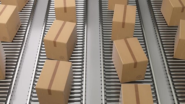 Endless supply of sealed cardboard boxes moving along two parallel roller conveyor systems. Automation in a modern warehouse for package delivery. 3d loop animation 4k