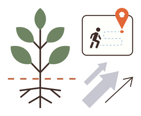 Plant with roots, location marker, person walking path, and upward arrows symbolizing growth, journey, progress, and future. Ideal for development, strategy success planning direction career