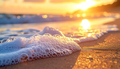 Golden Sunset Over Tropical Beach With Gentle Waves And Palm Tree Shadows Illuminated By Warm Sunlight
