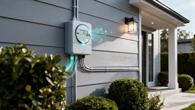 Medium shot of a residential smart meter on a modern home exterior highlighting seamless connectivity to the energy grid for efficient power monitoring.