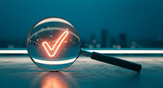 Magnifying Glass Spotlighting a Glowing Check Mark Verification and Approval Concept