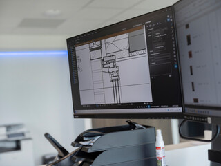Computer screen displaying detailed CAD technical drawing of window frame cross-section with specifications