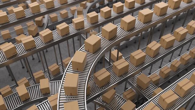 Endless loop of cardboard boxes traveling on a complex roller conveyor system. Automated sorting and distribution in a modern warehouse. 3d loop animation 4k