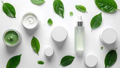 Natural Skincare Products Arranged Artfully with Fresh Green Leaves on a Clean White Surface in Bright Studio Lighting