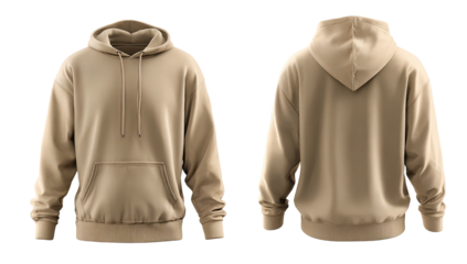 Plain tan hoodie, front & back views. Minimalist, casual