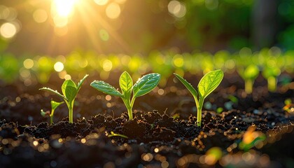 New green seedlings emerge from dark soil bathed in warm golden sunlight creating a hopeful natural growth scene