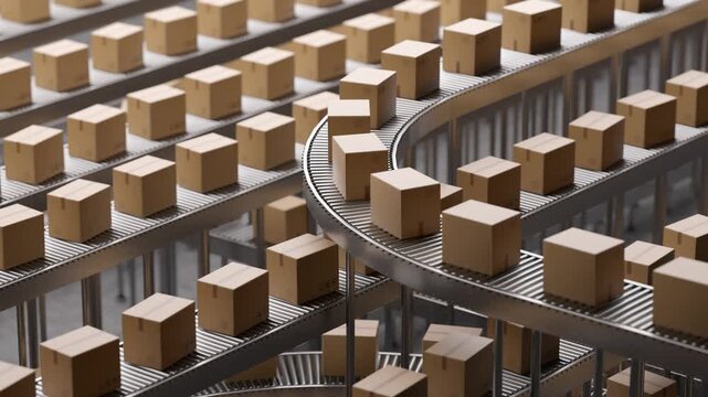 Endless loop of cardboard boxes moving along multiple automated roller conveyor belts. Industrial logistics and distribution center concept. 3d loop animation 4k